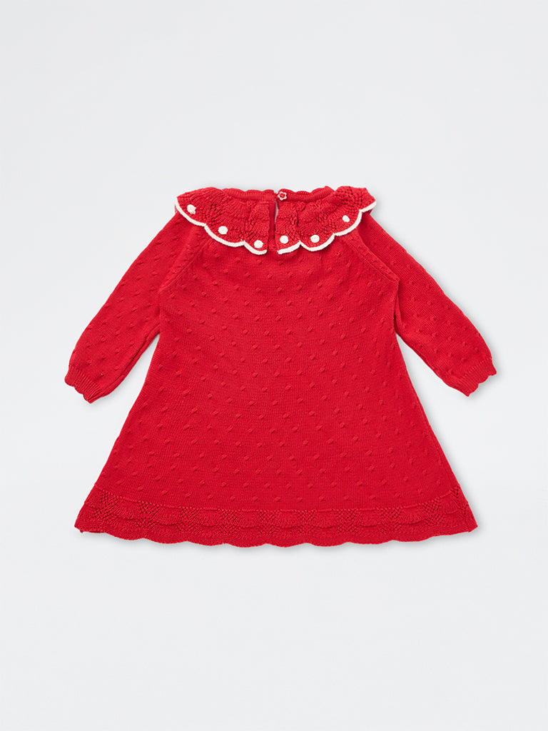 HOP Baby Girls Red Knit-Textured Flared Cotton Top