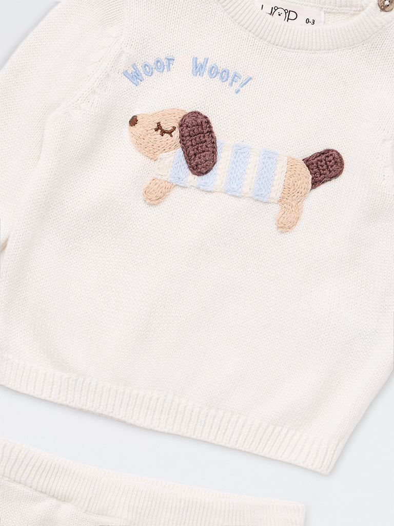HOP Baby Boys Off-White Embroidered Cotton Sweater and Pants Set