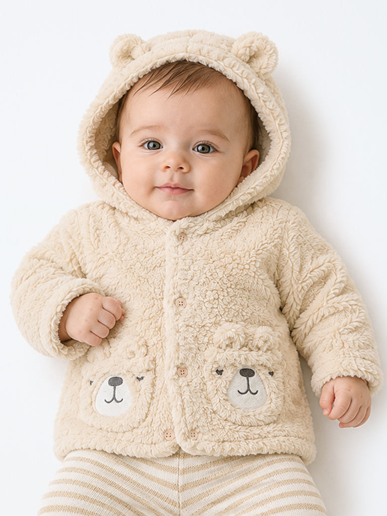 HOP Baby Boys Beige Teddy-Detail Fur-Textured Hooded Jacket