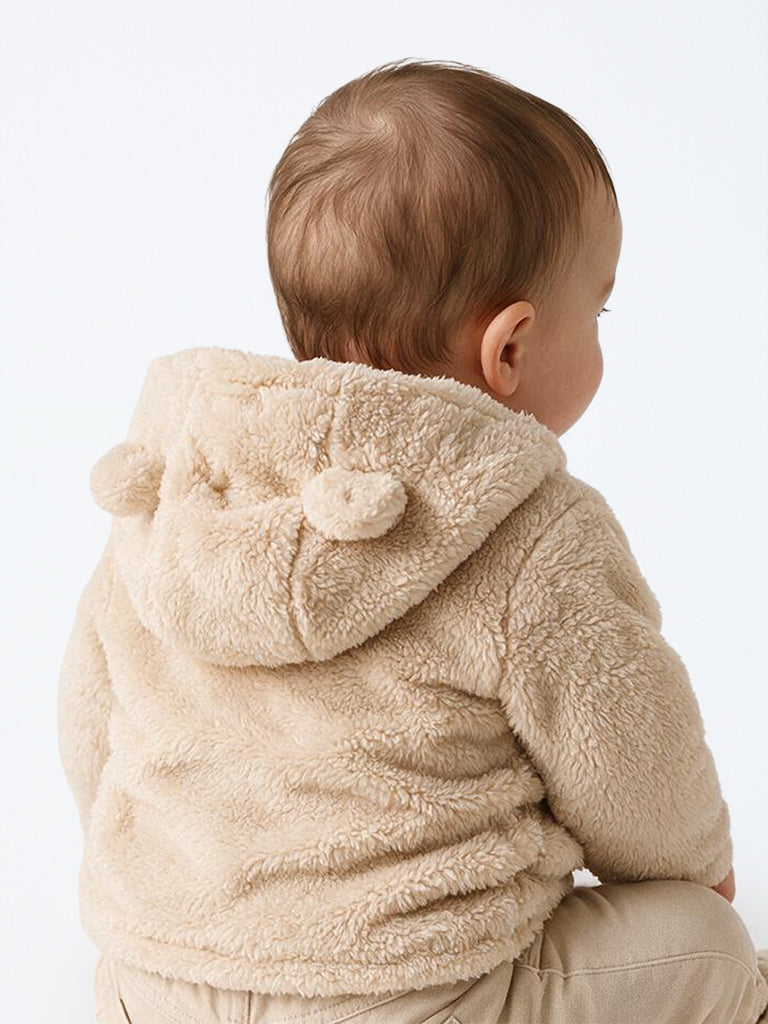 HOP Baby Boys Beige Teddy-Detail Fur-Textured Hooded Jacket