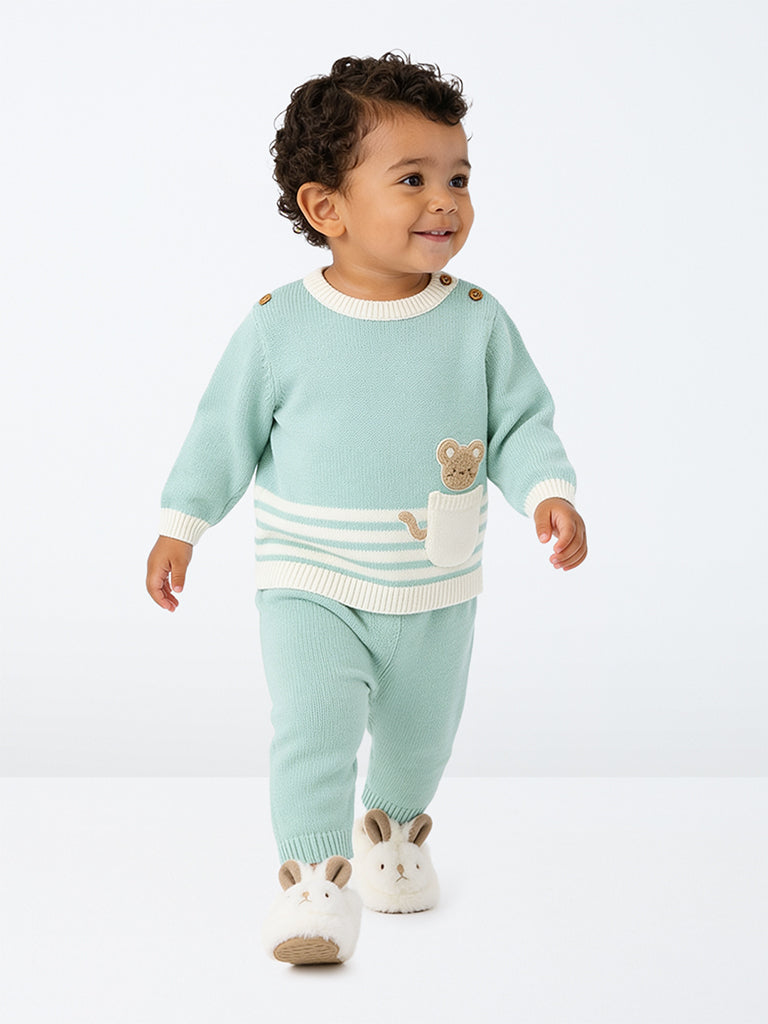 HOP Baby Boys Mint Cat-Embroidered Cotton Sweater and Pants Set