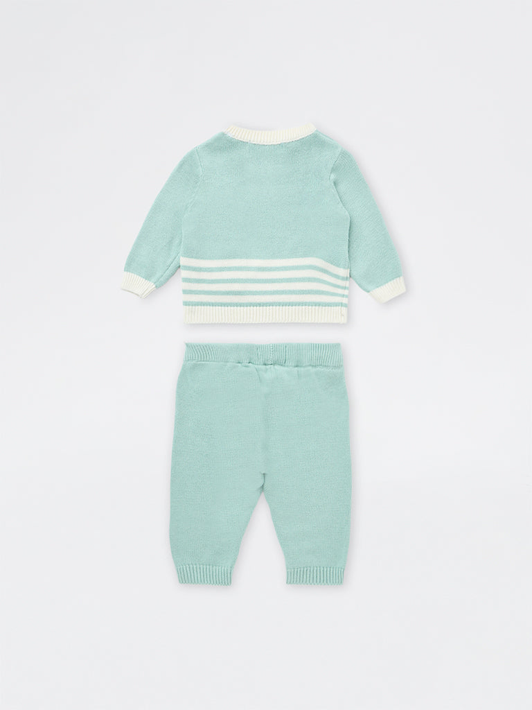 HOP Baby Boys Mint Cat-Embroidered Cotton Sweater and Pants Set