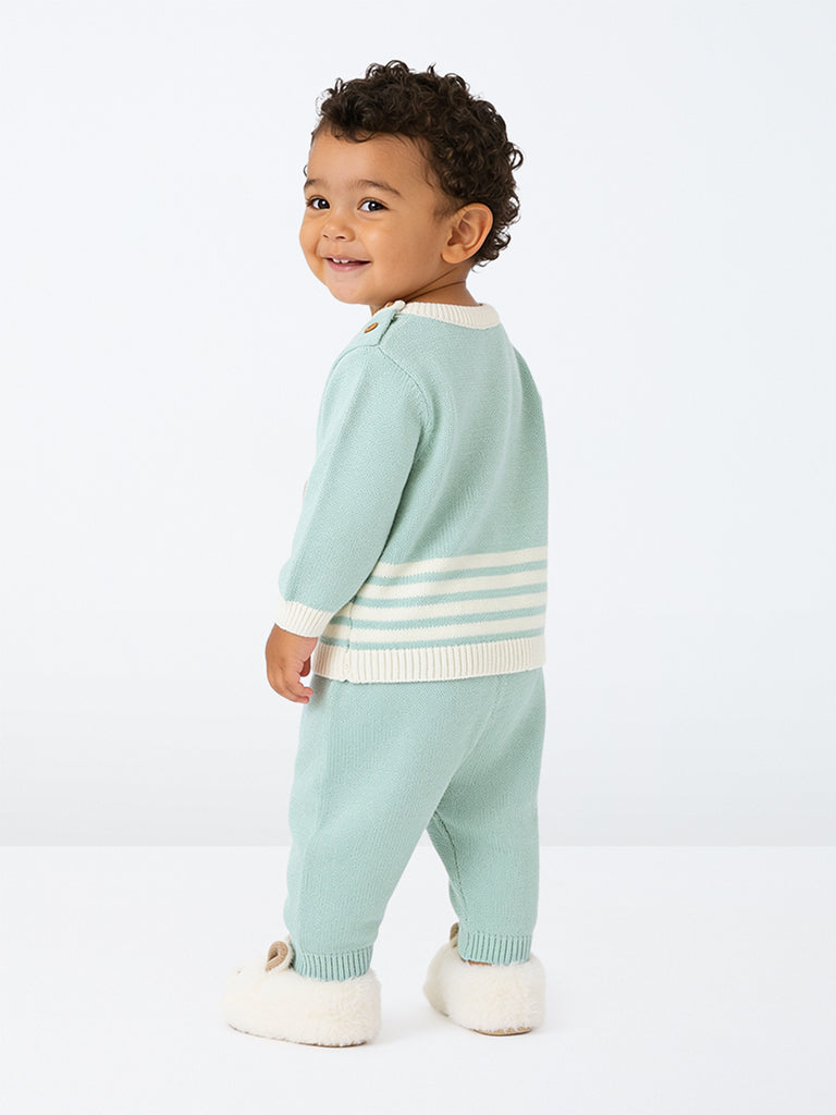 HOP Baby Boys Mint Cat-Embroidered Cotton Sweater and Pants Set