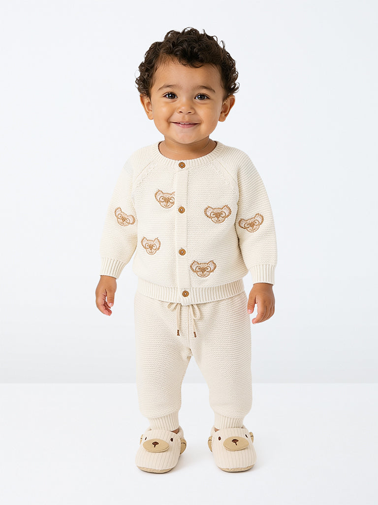 HOP Baby Boys Off-White Teddy Bear Embroidered Cotton Cardigan and Pants Set