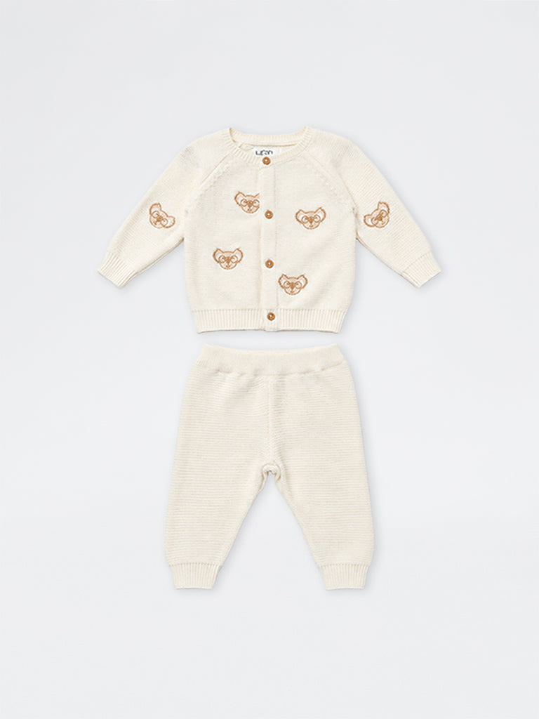 HOP Baby Boys Off-White Teddy Bear Embroidered Cotton Cardigan and Pants Set