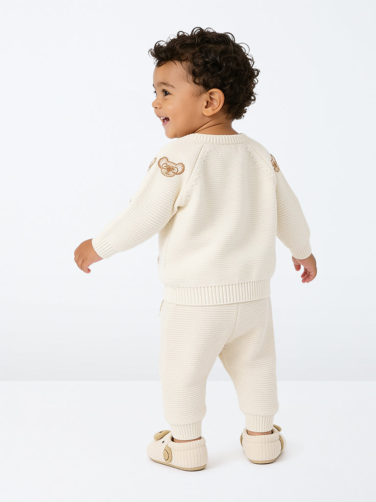 HOP Baby Boys Off-White Teddy Bear Embroidered Cotton Cardigan and Pants Set