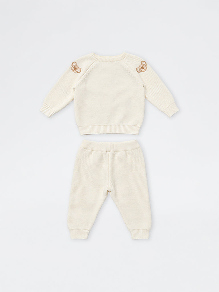 HOP Baby Boys Off-White Teddy Bear Embroidered Cotton Cardigan and Pants Set