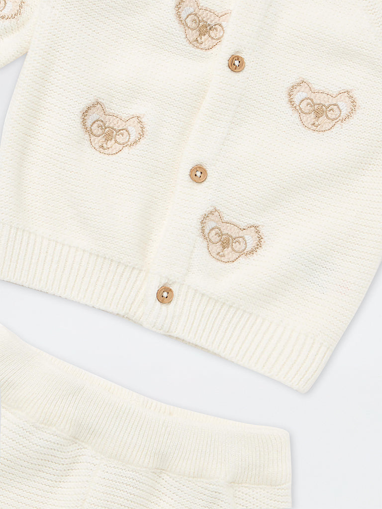 HOP Baby Boys Off-White Teddy Bear Embroidered Cotton Cardigan and Pants Set