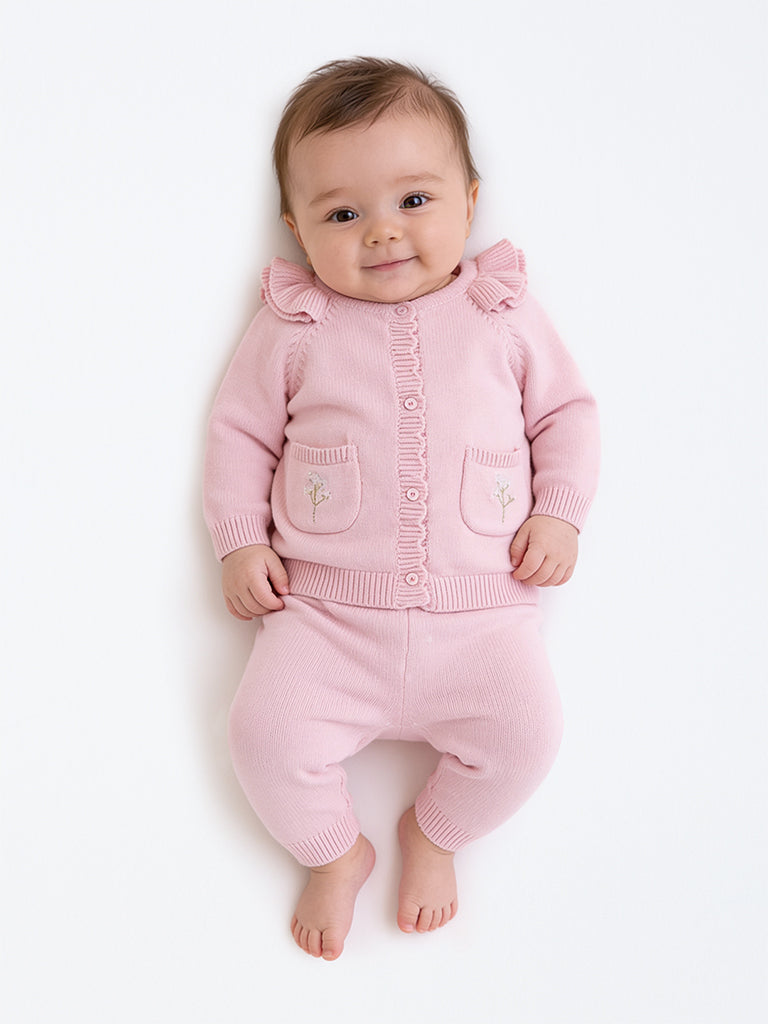 HOP Baby Boys Pink Floral Embroidered Knitted Cotton Cardigan and Pants Set