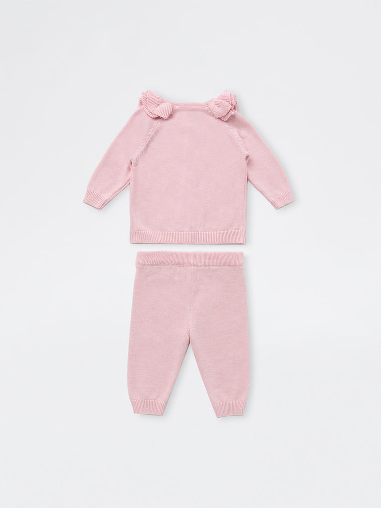 HOP Baby Boys Pink Floral Embroidered Knitted Cotton Cardigan and Pants Set