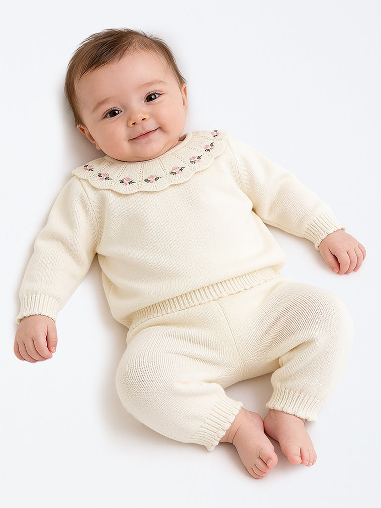 HOP Baby Boys White Floral-Detail Cotton Sweater and Pants Set