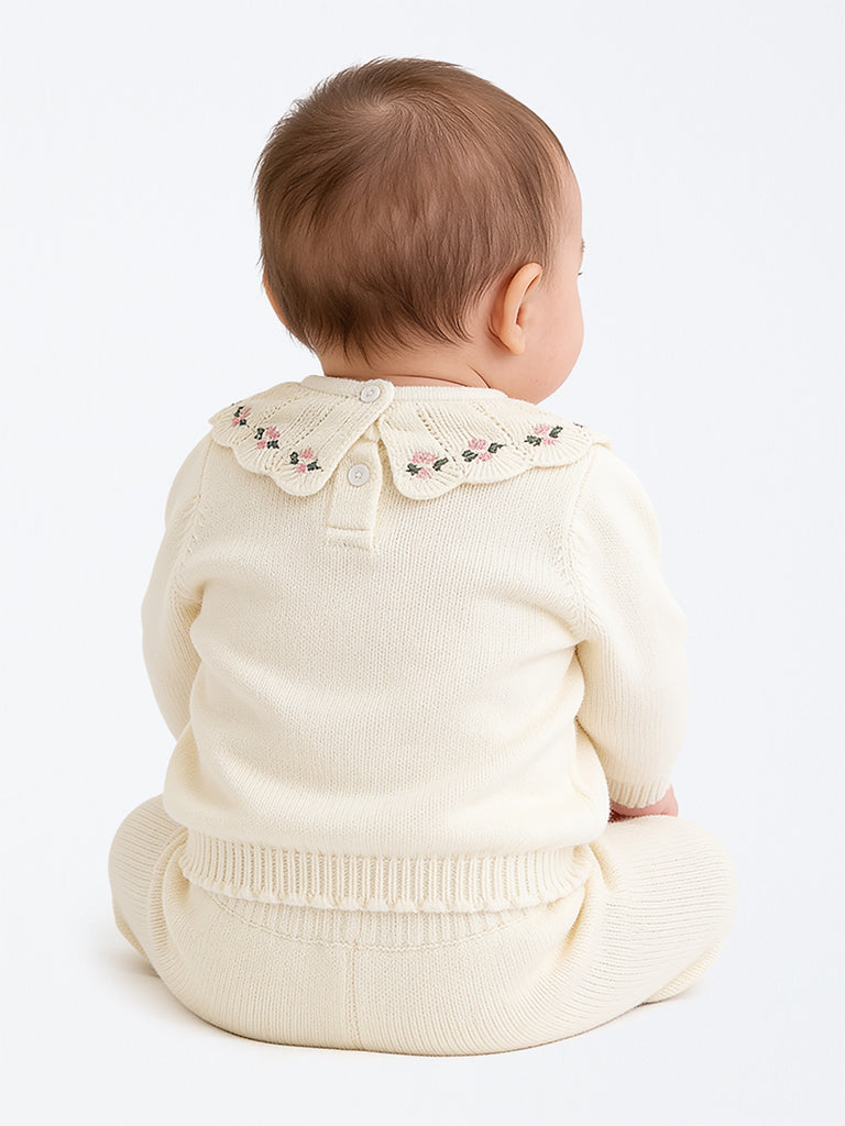 HOP Baby Boys White Floral-Detail Cotton Sweater and Pants Set