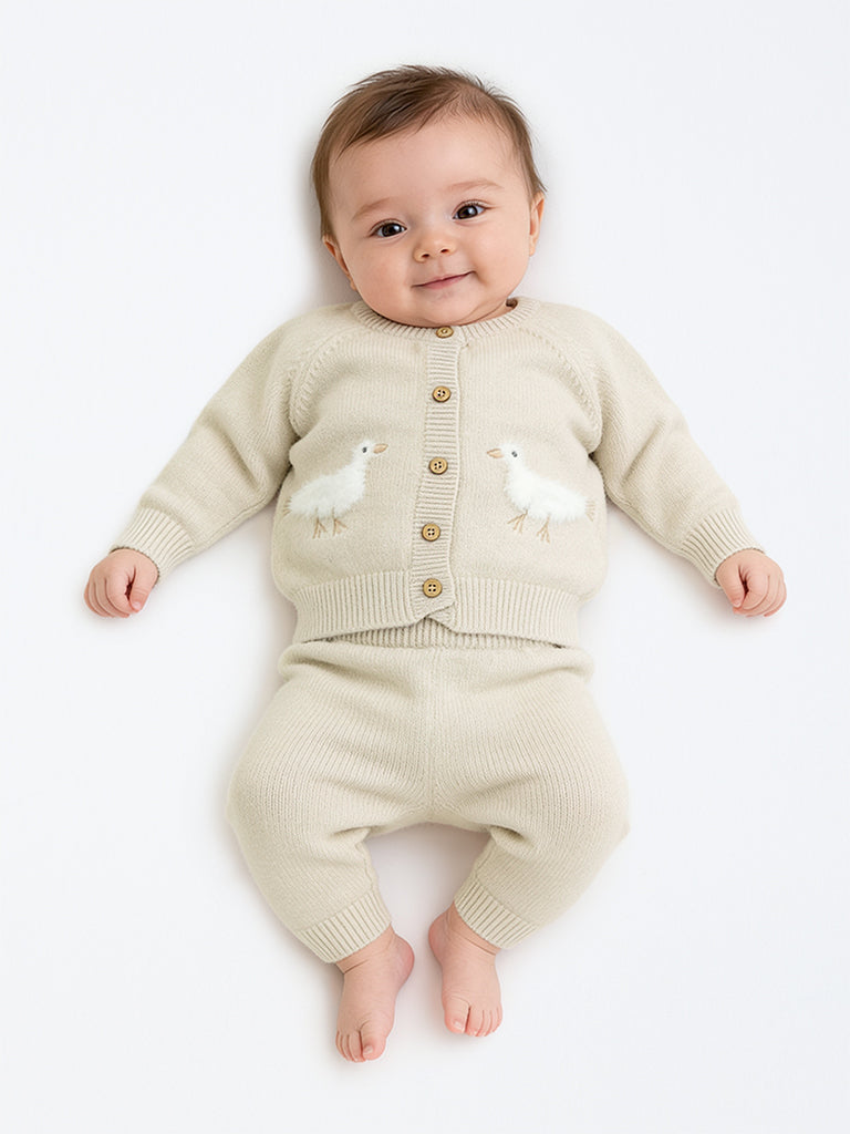 HOP Baby Boys Light Beige Bird Design Knitted Sweater with Jogger Set