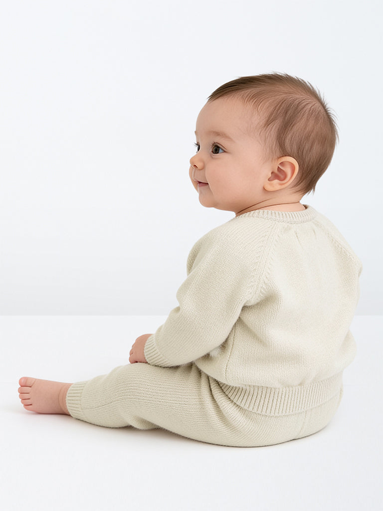 HOP Baby Boys Light Beige Bird Design Knitted Sweater with Jogger Set