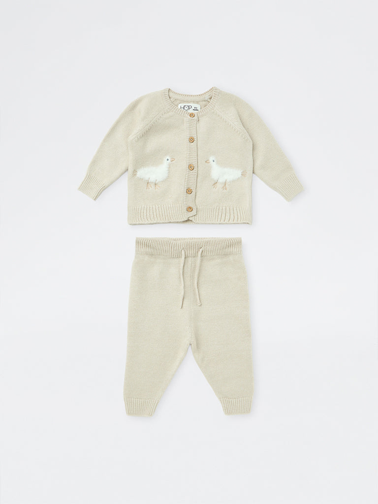 HOP Baby Boys Light Beige Bird Design Knitted Sweater with Jogger Set