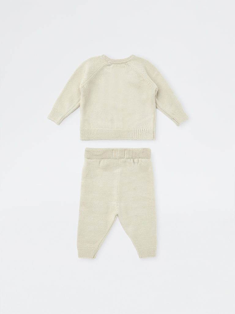 HOP Baby Boys Light Beige Bird Design Knitted Sweater with Jogger Set