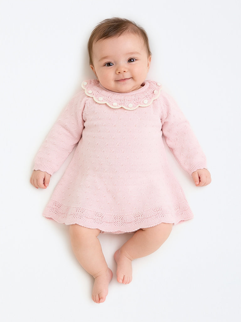 HOP Baby Girls Light Pink Knitted Cotton A-Line Dress