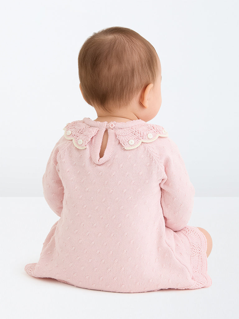 HOP Baby Girls Light Pink Knitted Cotton A-Line Dress