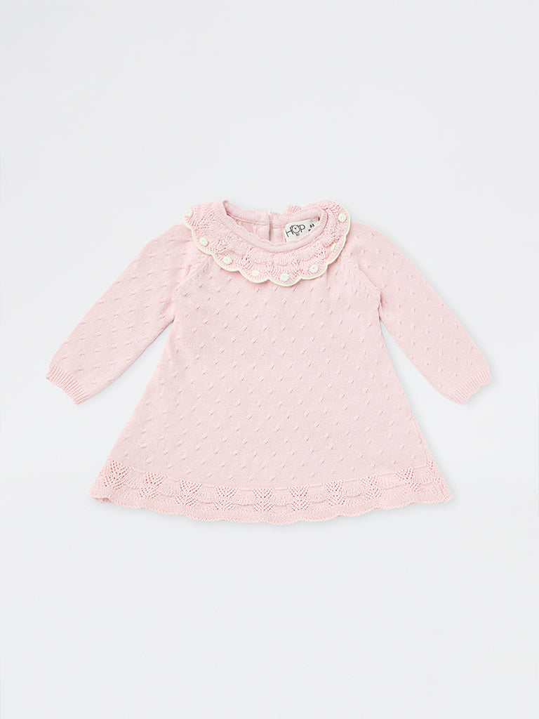 HOP Baby Girls Light Pink Knitted Cotton A-Line Dress