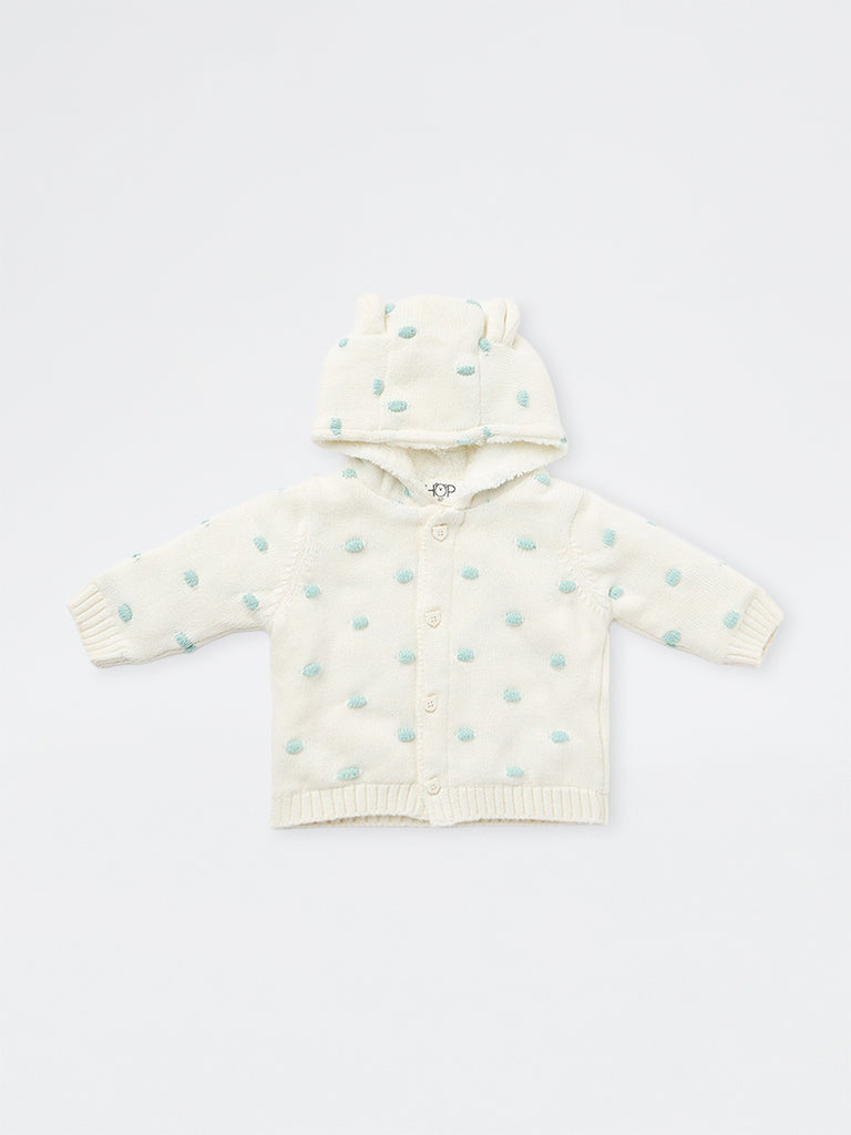 HOP Baby Girls Off-White Embroidered Cotton Hooded Jacket