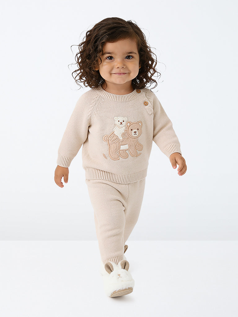HOP Baby Boys Taupe Animal Embroidered Cotton Sweater and Pants Set