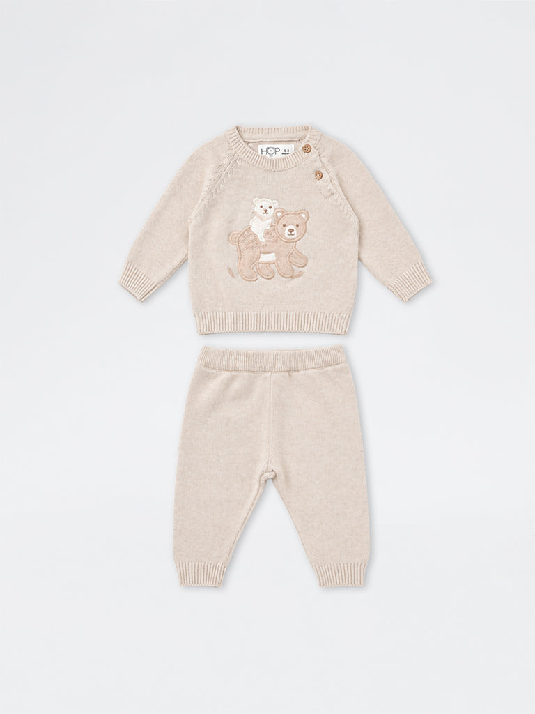 HOP Baby Boys Taupe Animal Embroidered Cotton Sweater and Pants Set