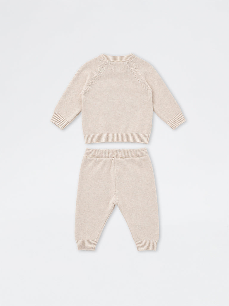 HOP Baby Boys Taupe Animal Embroidered Cotton Sweater and Pants Set