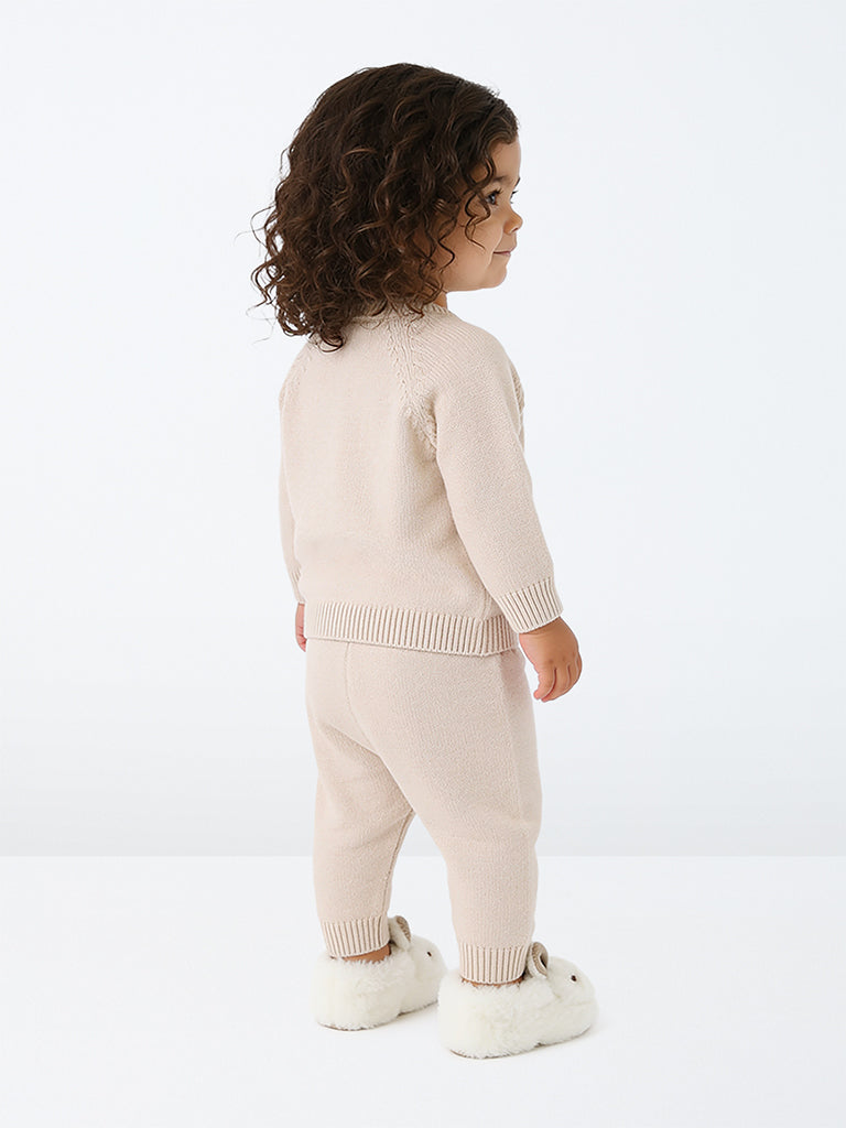 HOP Baby Boys Taupe Animal Embroidered Cotton Sweater and Pants Set