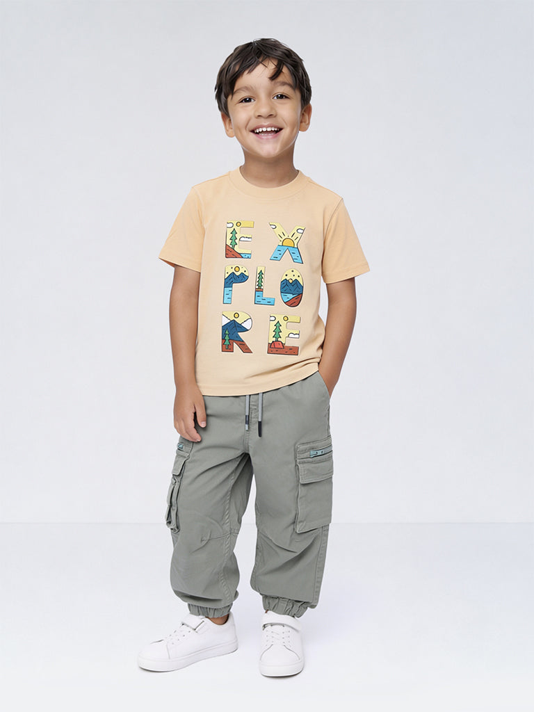 HOP Kids Boys Beige Typographic Cotton T-Shirt