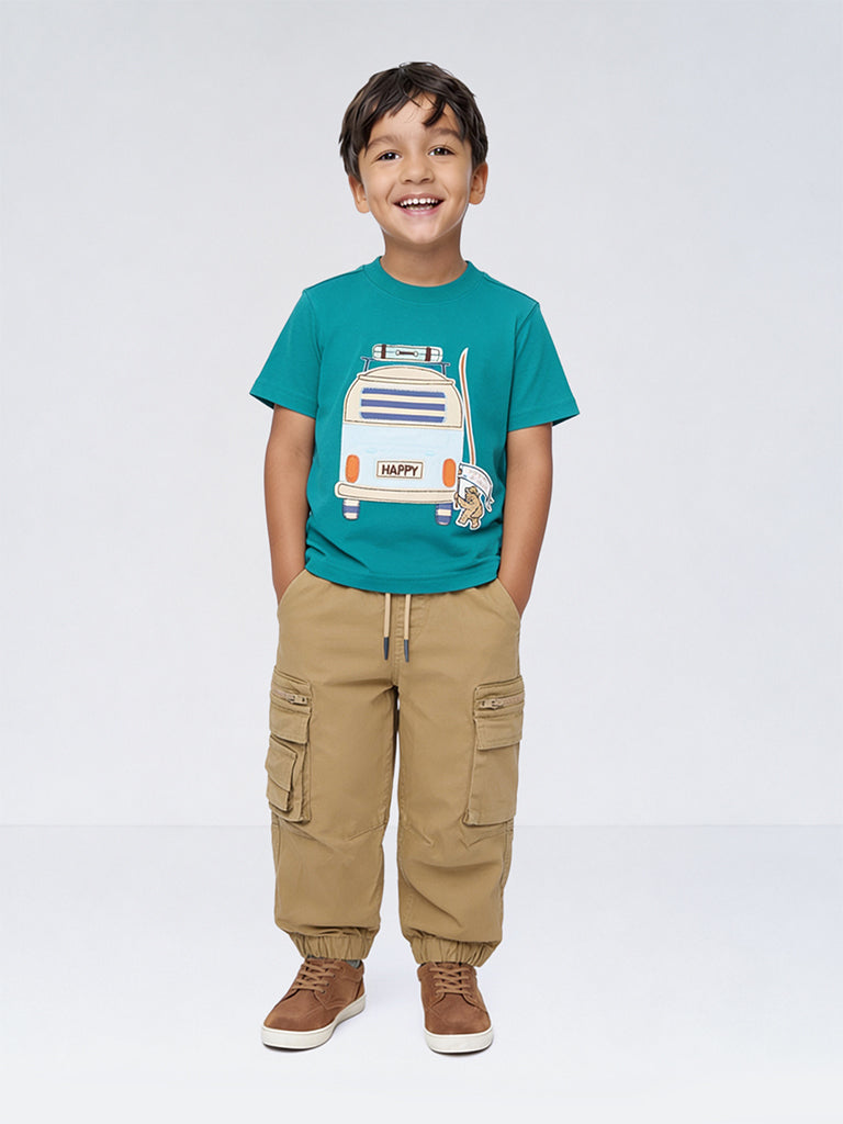HOP Kids Boys Teal Printed Cotton T-Shirt