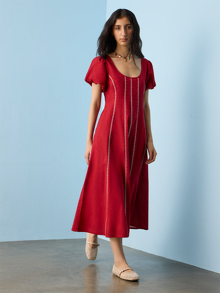 Bombay Paisley Red Printed Cotton-Blend A-Line Dress