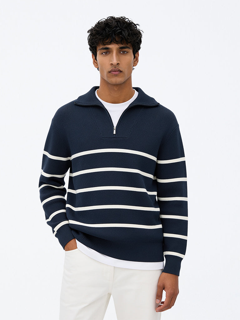 WES Casuals Navy Striped Relaxed-Fit Quarter-Zip Sweatshirt