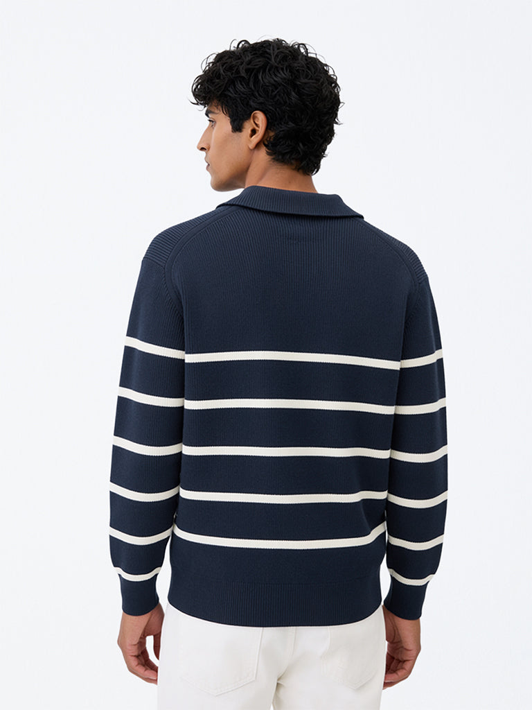 WES Casuals Navy Striped Relaxed-Fit Quarter-Zip Sweatshirt