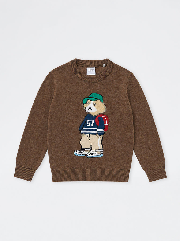 HOP Kids Boys Brown Animal-Design Cotton-Blend Sweater