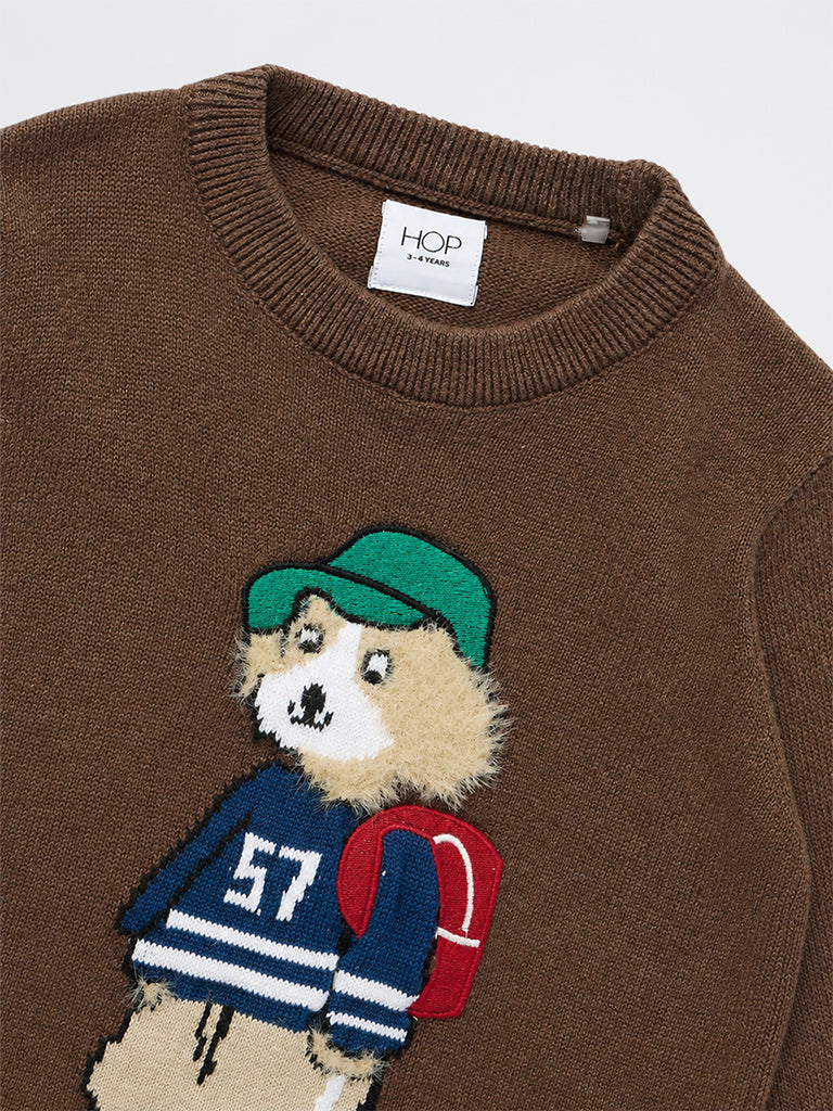 HOP Kids Boys Brown Animal-Design Cotton-Blend Sweater