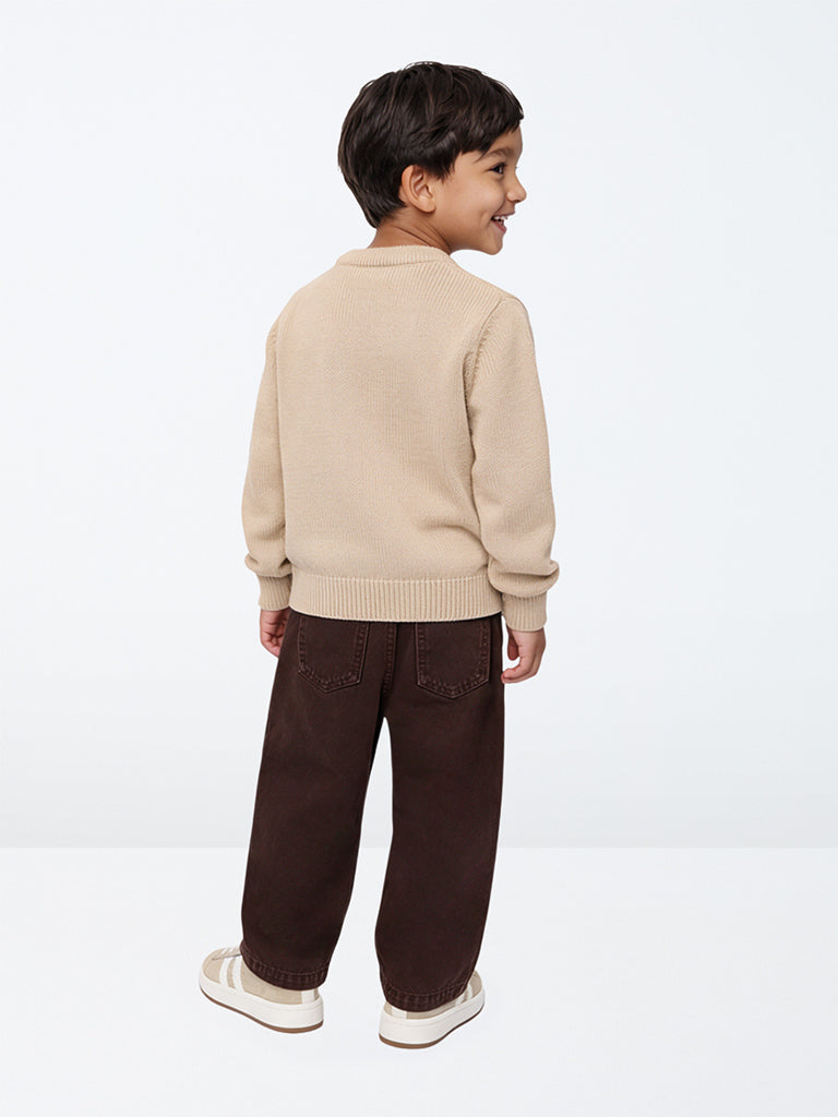 HOP Kids Boys Taupe Numerical Design Knitted Sweater