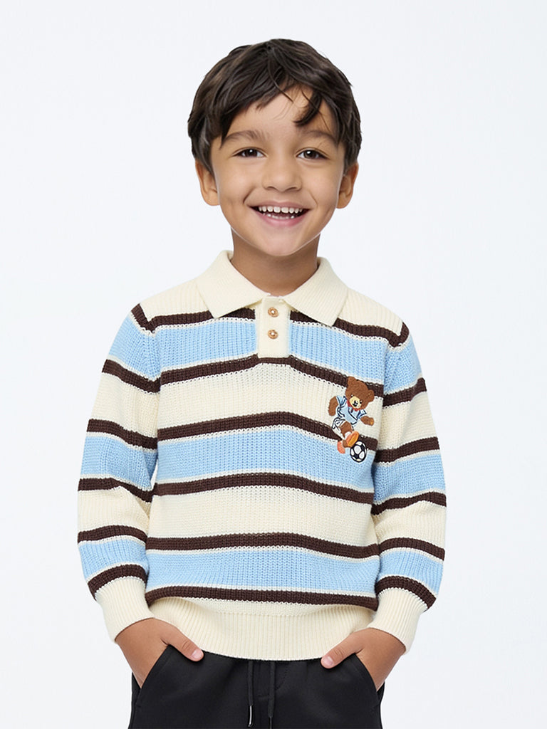 HOP Kids Boys Multicolour Striped Polo Sweater