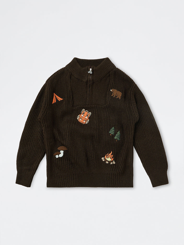 HOP Kids Boys Dark Brown Ribbed-Textured Quarter-Zip Sweater