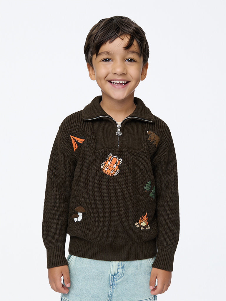HOP Kids Boys Dark Brown Ribbed-Textured Quarter-Zip Sweater