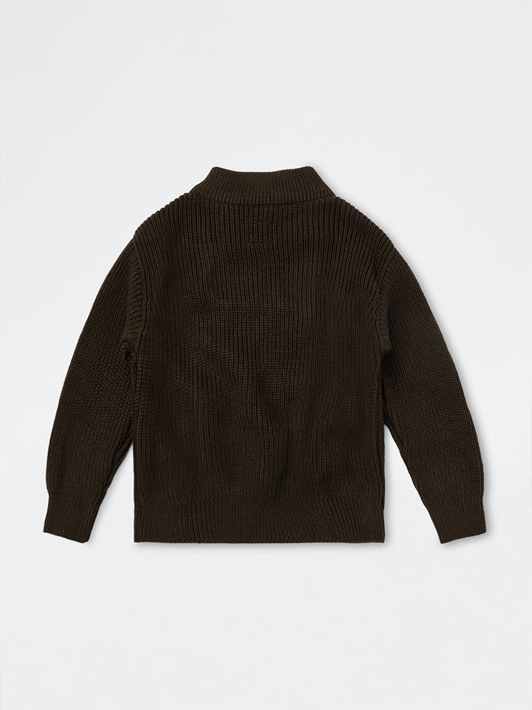 HOP Kids Boys Dark Brown Ribbed-Textured Quarter-Zip Sweater