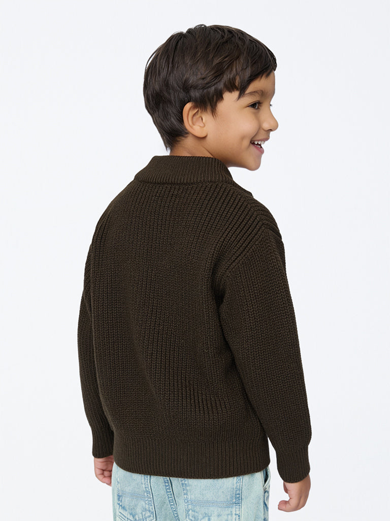 HOP Kids Boys Dark Brown Ribbed-Textured Quarter-Zip Sweater