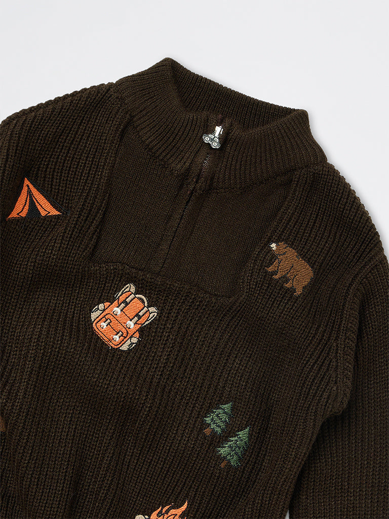 HOP Kids Boys Dark Brown Ribbed-Textured Quarter-Zip Sweater