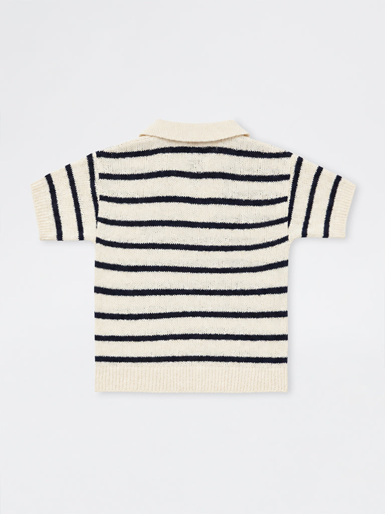 HOP Kids Boys Off-White Striped Knitted Cotton-Blend T-Shirt
