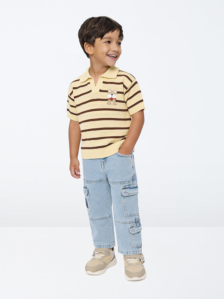 HOP Kids Boys Yellow Striped Knitted Cotton-Blend T-Shirt
