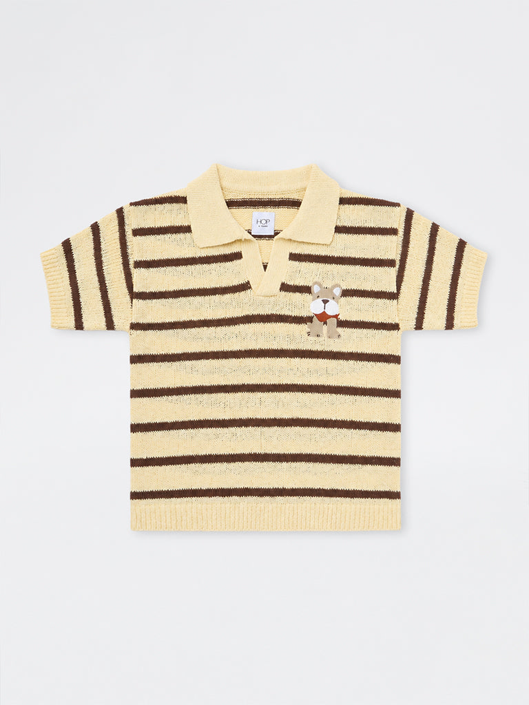 HOP Kids Boys Yellow Striped Knitted Cotton-Blend T-Shirt