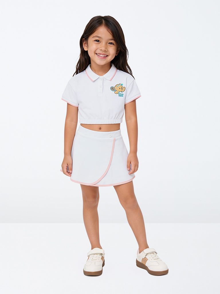 HOP Kids Girls White Bear Embroidered Polo T-Shirt and Skirt Set