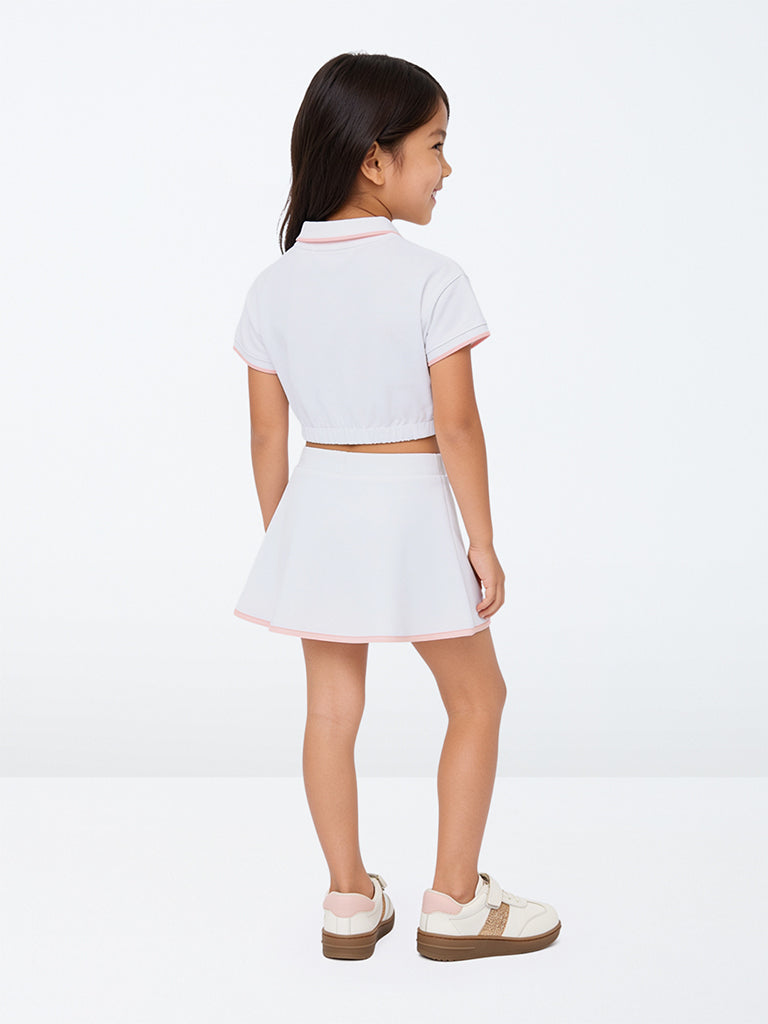 HOP Kids Girls White Bear Embroidered Polo T-Shirt and Skirt Set