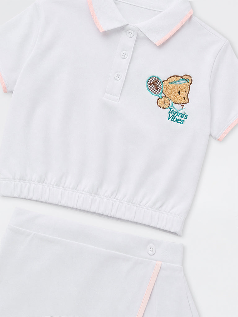 HOP Kids Girls White Bear Embroidered Polo T-Shirt and Skirt Set