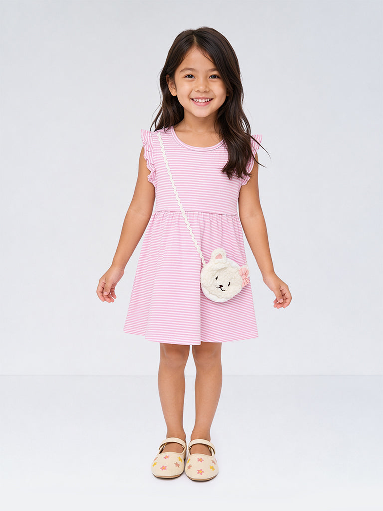 HOP Kids Girls Pink Striped Sling-Bag Detail Cotton A-Line Dress