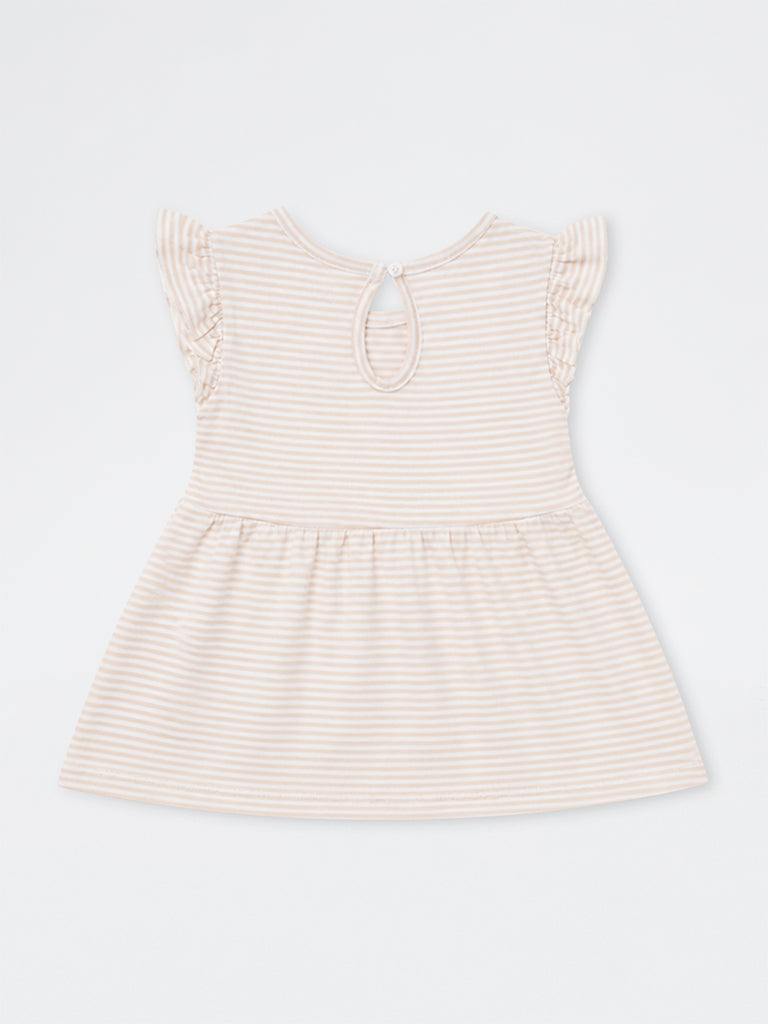 HOP Kids Girls Beige Striped Sling-Bag Design Cotton A-Line Dress